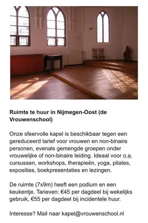 Kapel te huur Nijmegen Oost: Cursussen Workshops Therapie