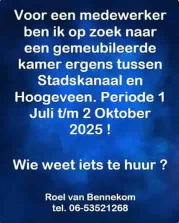 Kamer gezocht Drenthe: Gemeubileerd Stadskanaal-Hoogeveen Juli-Oktober 2025